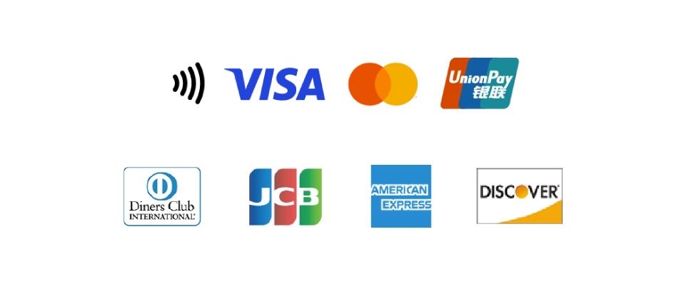 VISA / Mastercard / UnionPay / Diners Club International / JCB / American Express / Discover