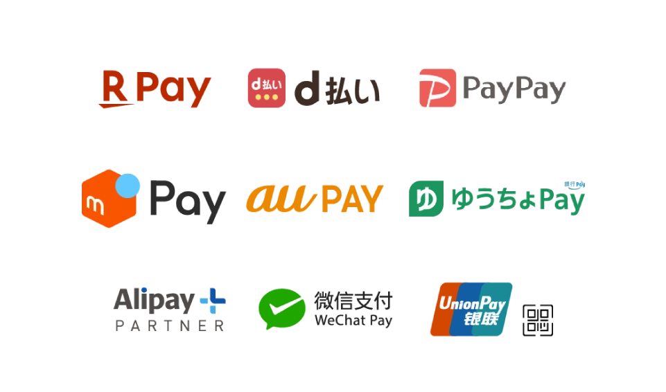 楽天ペイ / d払い / PayPay / メルペイ / au PAY / ゆうちょPay / Alipay+ Partner / WeChat Pay / UnionPay