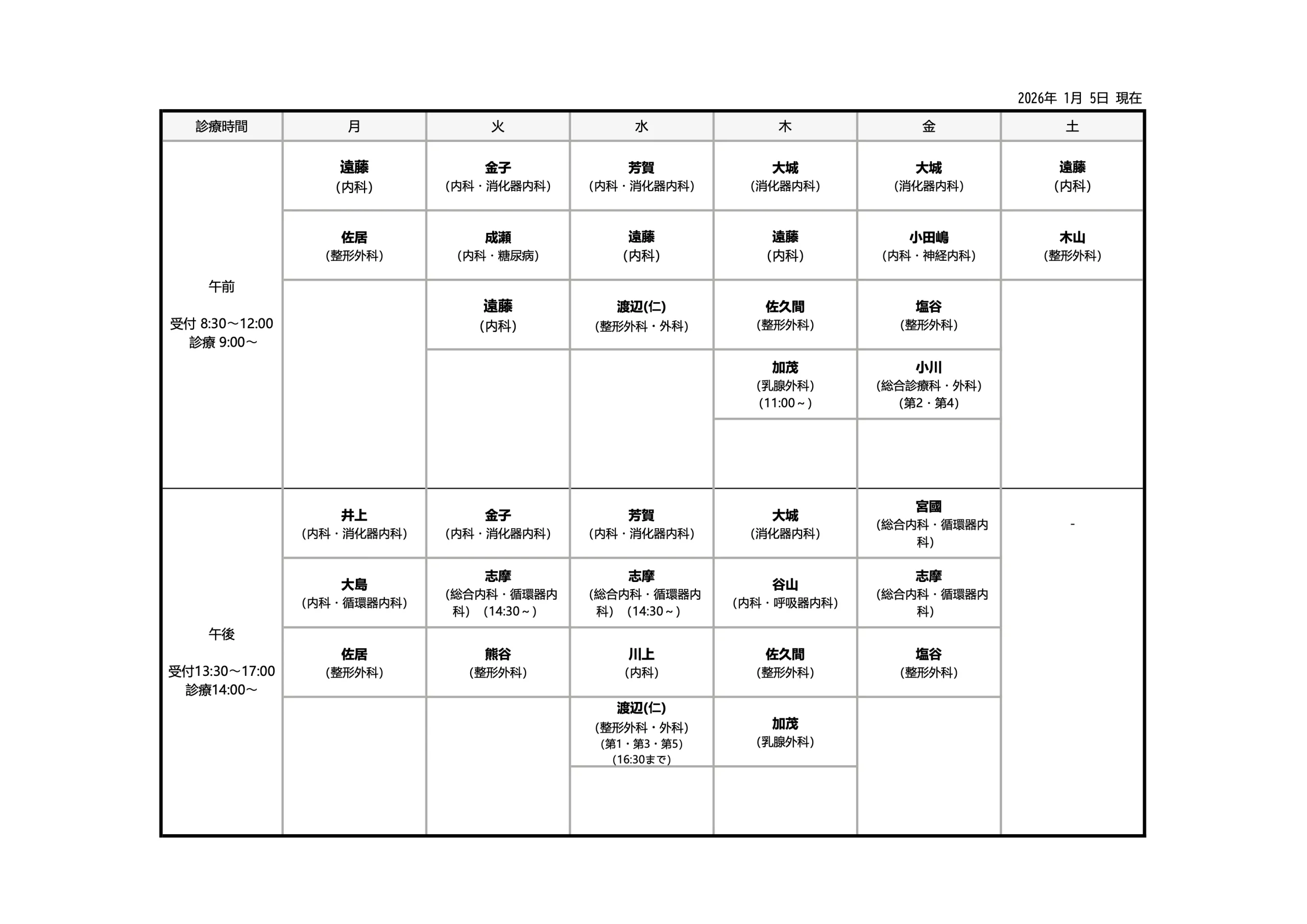 外来診察医師担当表