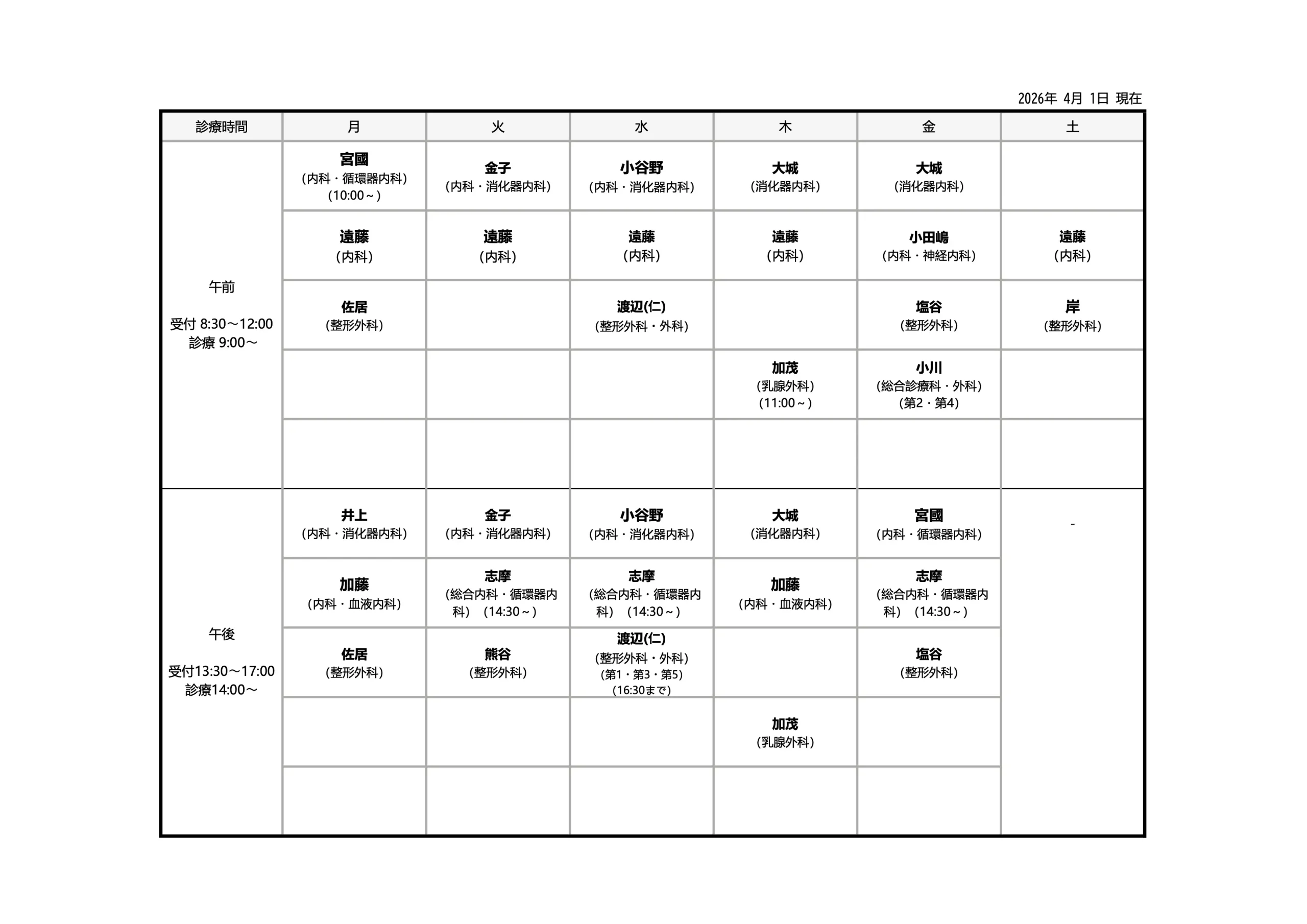 外来診察医師担当表