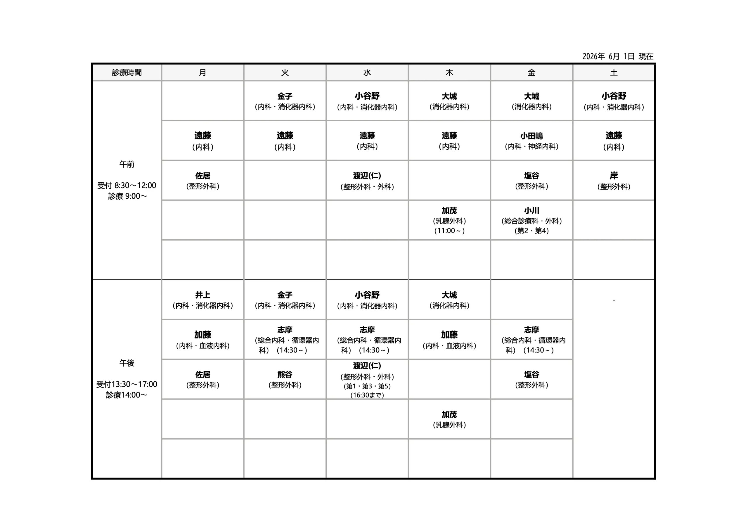 外来診察医師担当表
